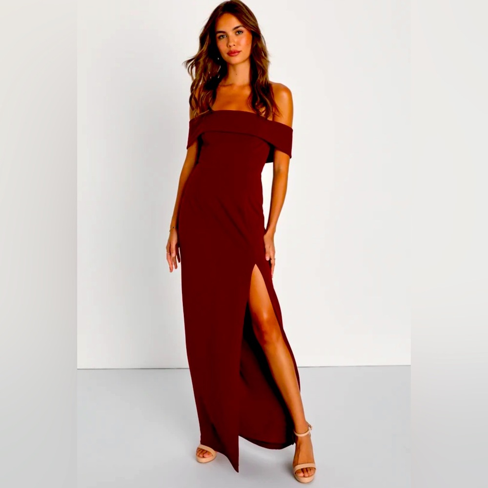 Lulus Enchanting Romantic Burgundy Off-the-Shoulder maxi dress.